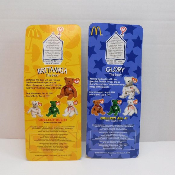 McDonalds Charities 1999 TY Beanies Britannia & Glory Bears NIB Vintage - Picture 2 of 7